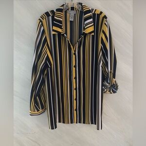 Catherines 1X Black, Yellow, White RollTab Sleeve Button Up Blouse Career